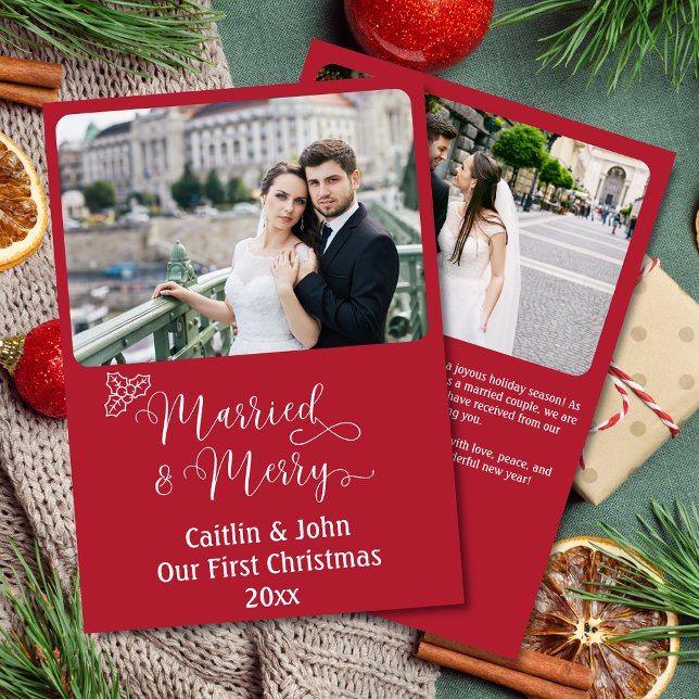 Married Merry Custom Newlyweds First Christmas Red Holiday Card (Married & Merry, Our First Christmas personalized 2-photo card with custom message on the back.)