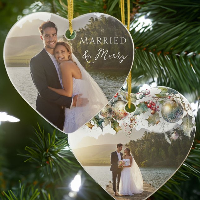 Married & Merry Double Sided Heart Wedding Photo Ceramic Ornament (Married and Merry wedding photo holiday heart ornament by Darling & May)