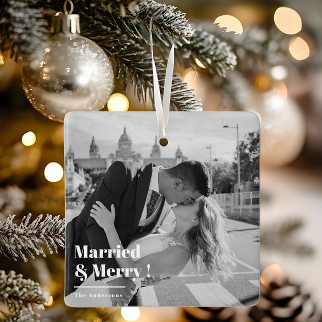 Married & Merry | Elegant Black & White Photo Gift Ceramic Ornament (Creator Uploaded)
