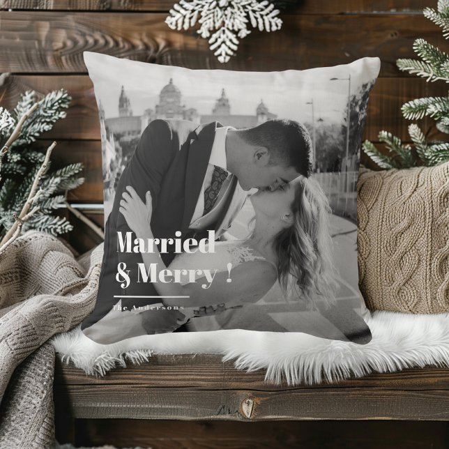 Married & Merry | Elegant Black & White Wedding  Throw Pillow (Creator Uploaded)