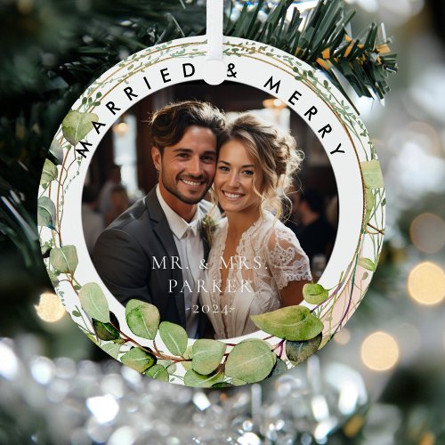 Married &amp; Merry!  Elegant, Eucalyptus, Photo Metal Ornament