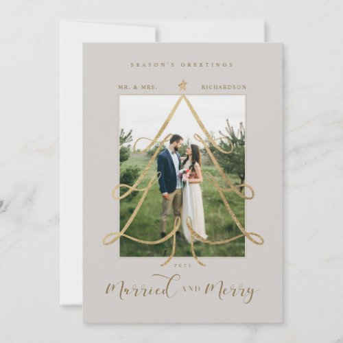 Married  Merry Elegant Gold Christmas Tree Photo Holiday Card