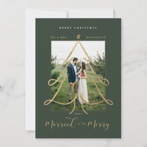 Married  Merry Elegant Gold Christmas Tree Photo Holiday Card