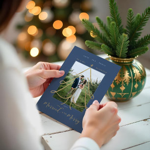 Married & Merry Elegant Gold Christmas Tree Photo Holiday Card