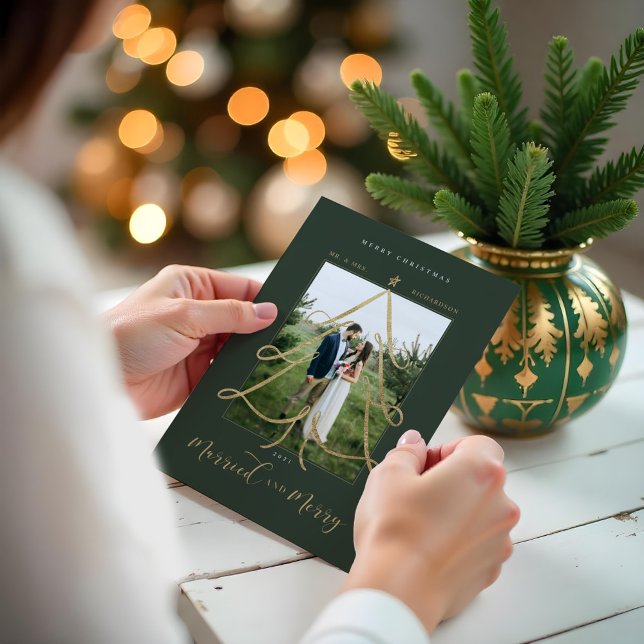 Married & Merry Elegant Gold Christmas Tree Photo Holiday Card (Married & Merry Elegant Gold Christmas Tree Photo Holiday Card)