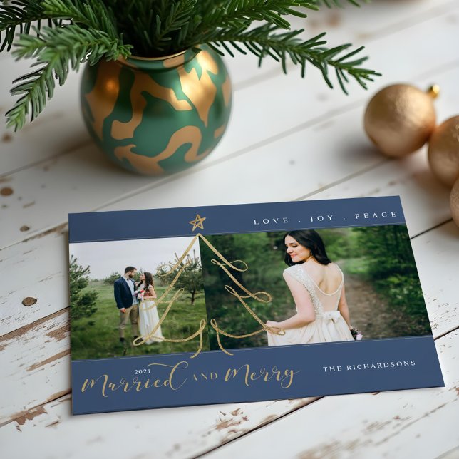 Married & Merry Elegant Gold Holiday Tree 2 Photo Card (Married & Merry Elegant Gold Holiday Tree 2 Photo)