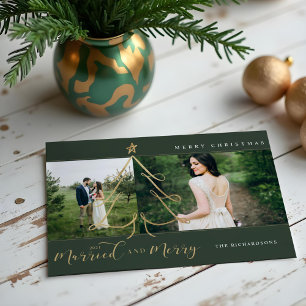 Married & Merry Elegant Gold Holiday Tree 2 Photo Card