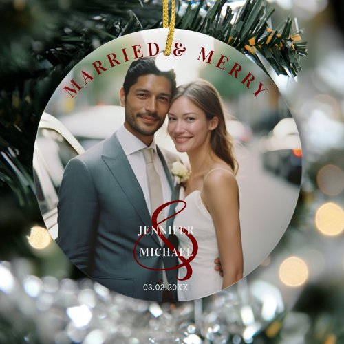 Married &amp; Merry!  Elegant, Simpel, Photo Ceramic Ornament