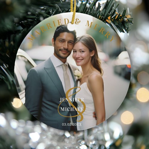 Married &amp; Merry!  Elegant, Simpel, Photo Ceramic Ornament