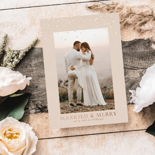 Married & Merry Falling Hearts Photo Rose Gold Foil Holiday Card