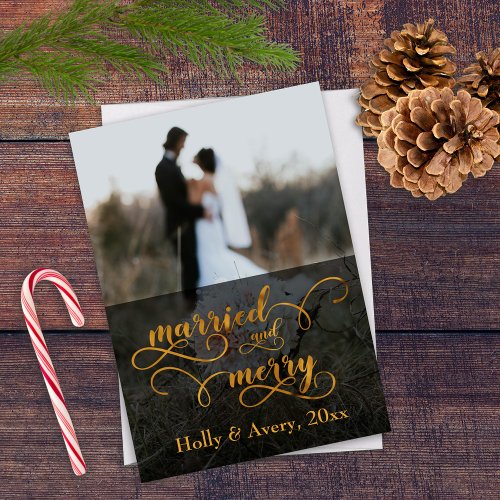 Married  Merry Faux Gold Foil Typography w Photo Holiday Card