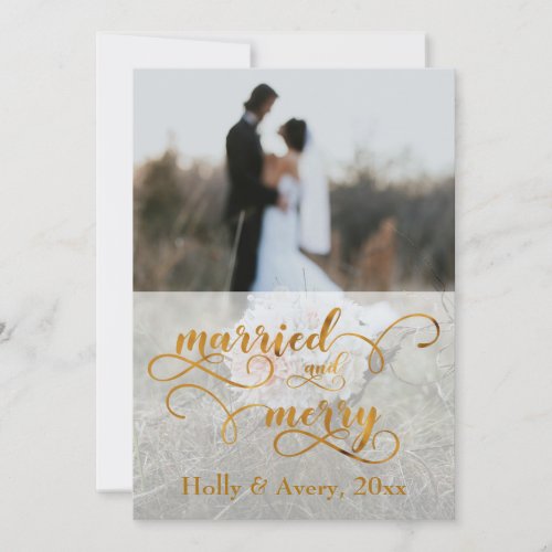 Married  Merry Faux Gold Foil  White w Photo Holiday Card
