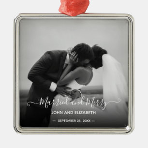 Married Merry First Christmas Black White Photo Ce Metal Ornament