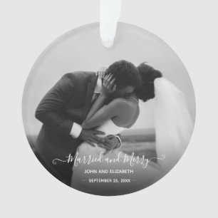 Married Merry First Christmas Black White Photo Ornament