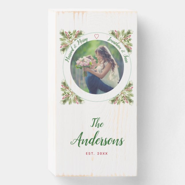 Married & Merry | First Christmas Newlywed Photo Wooden Box Sign (Front Vertical)