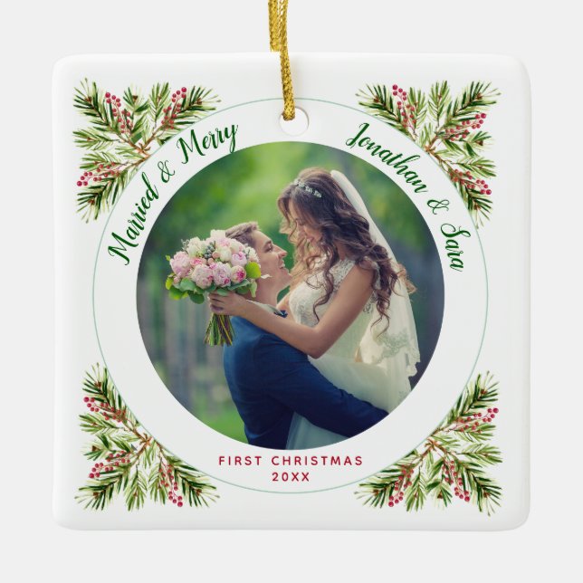 Married & Merry | First Christmas Photo Ceramic Ornament (Front)
