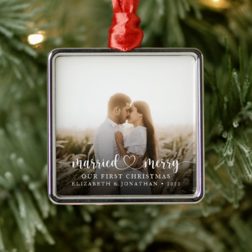 Married  Merry First Christmas Together Photo Metal Ornament