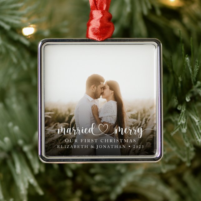 Married & Merry First Christmas Together Photo Metal Ornament (Tree)
