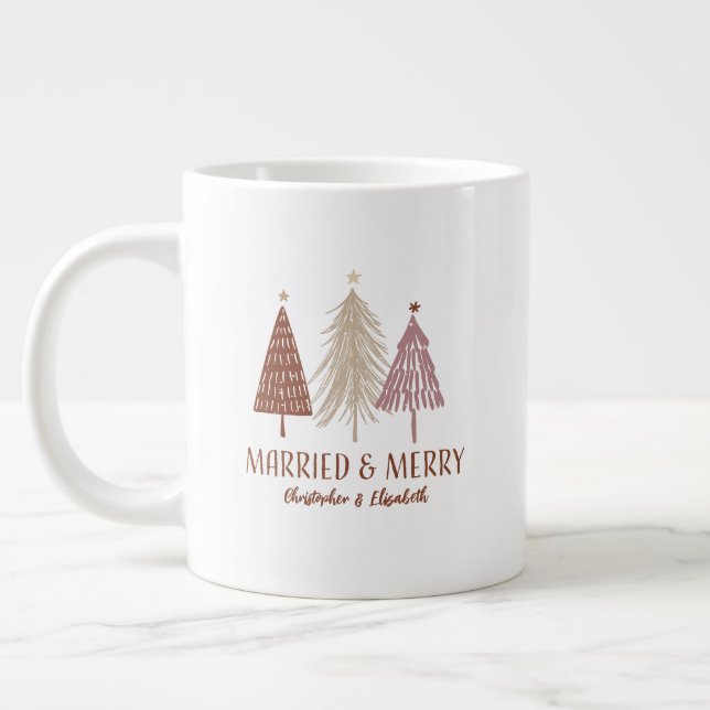Married Merry First Christmas Trees Holiday Mr Mrs Giant Coffee Mug (Left)