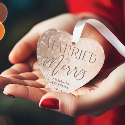 Married  Merry Gold Classy Twinkling Lights Photo Ornament