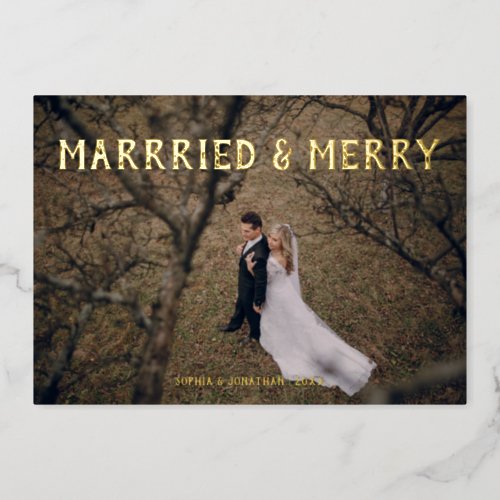 Married  merry gold foil thank you card