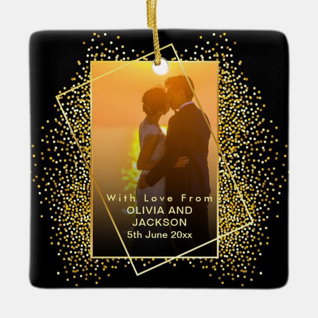 Married & Merry Gold Glitter Trim Christmas  Ceramic Ornament (Front)