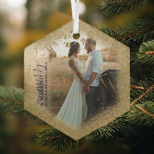 Married & Merry Gold Glitter Trim Christmas Glass Ornament