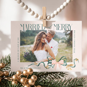 Married & Merry Green Bow Christmas Wedding Photo  Holiday Card