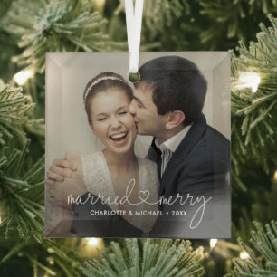Married & Merry Heart Script Modern Custom Wedding Glass Ornament
