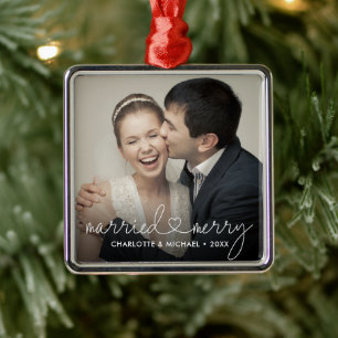 Married & Merry Heart Script Modern Custom Wedding Metal Ornament