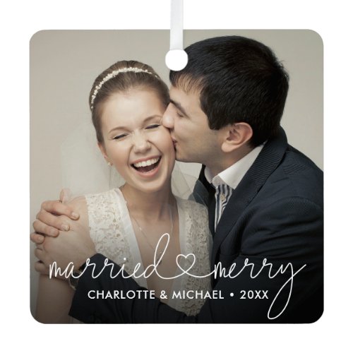Married &amp; Merry Heart Script Modern Custom Wedding Metal Ornament