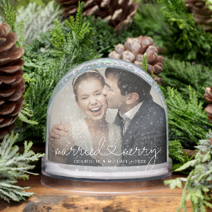 Married & Merry Heart Script Modern Wedding Custom Snow Globe