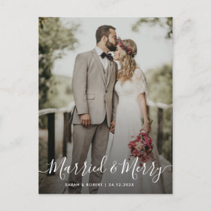 MARRIED & MERRY   holiday wedding announcement Postcard