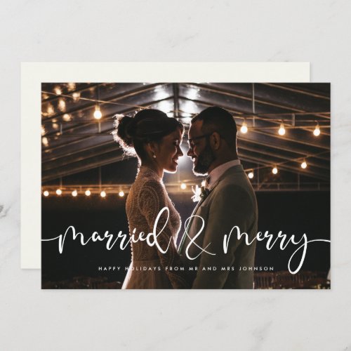 Married  Merry Modern calligraphy Christmas card