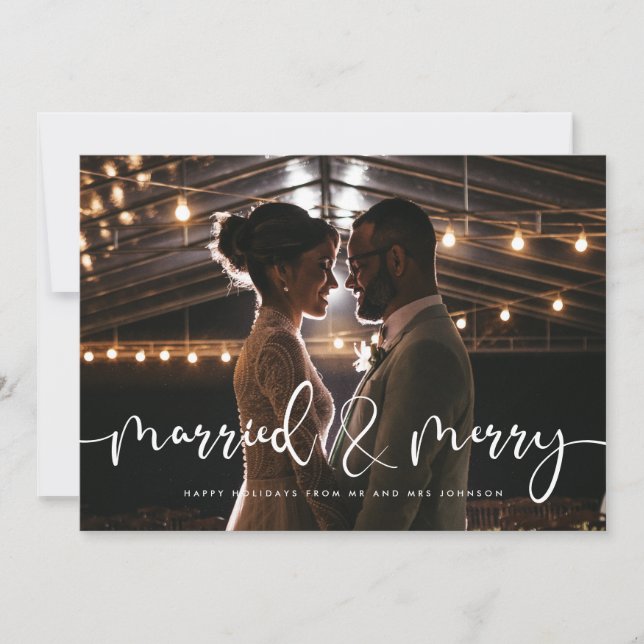 Married & Merry Modern calligraphy Christmas card (Front)