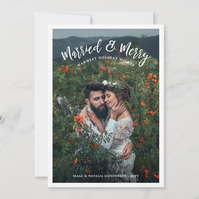 Married & Merry Modern Chistmas Photo White Holiday Card