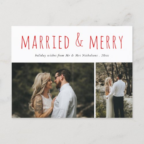 Married  Merry Modern Elegant Red Script Photo Holiday Postcard