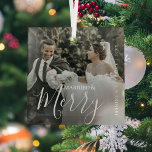 Married & Merry Modern Mr & Mrs Photo Glass Ornament<br><div class="desc">Celebrate your first Christmas together as a married couple with our Married & Merry Couples Christmas Ornament. This modern design features a full photo to customize with your own special memory, along with the year and your names. The elegant typography overlay reads "Mr & Mrs" for a touch of sophistication....</div>
