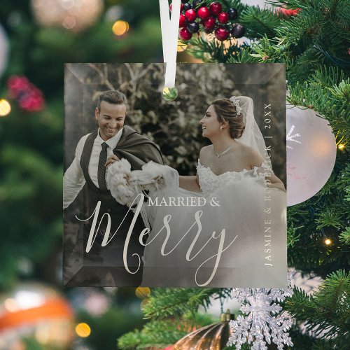 Married &amp; Merry Modern Mr &amp; Mrs Photo Glass Ornament