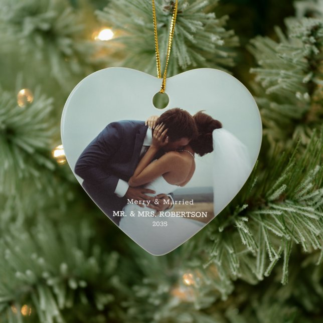 Married & Merry Modern Photo Typography Elegant  Ceramic Ornament (Tree)