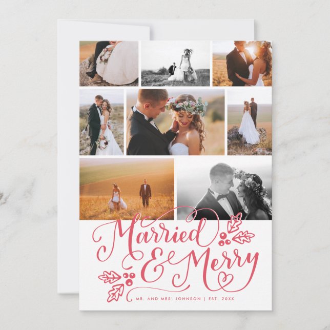 Married & Merry Multi-Photo Christmas Collage Holiday Card (Front)