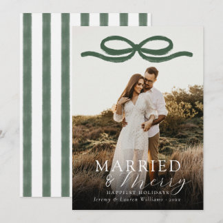 Married & Merry Newlweds Elegant Green Bow Photo Holiday Card