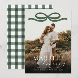 Married & Merry Newlweds Elegant Green Bow Photo Holiday Card