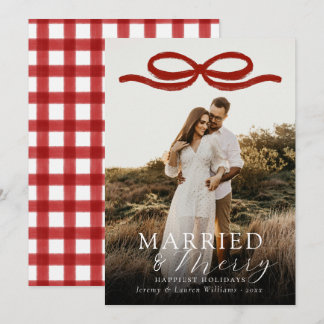 Married & Merry Newlweds Elegant Red Bow Photo Holiday Card