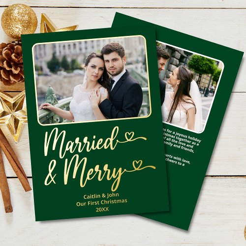 Married Merry Newlywed 1st Christmas Photo Green Foil Holiday Card