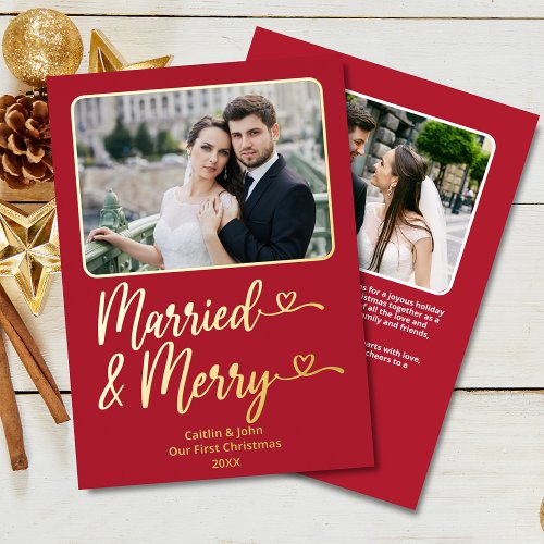 Married Merry Newlywed 1st Christmas Photo Red Foil Holiday Card