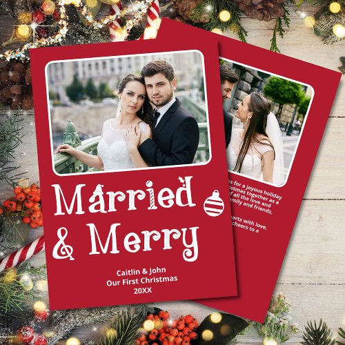 Married Merry Newlywed 1st Christmas Photo Red Holiday Card