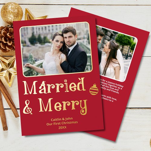 Married Merry Newlywed 1st Christmas Red Photo Foil Holiday Card