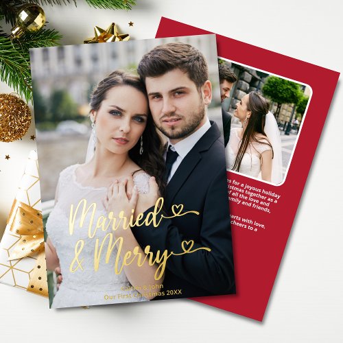 Married Merry Newlywed 1st Xmas Red Hearts Photo Foil Holiday Card