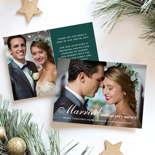 Married  Merry Newlywed 2 Photo Christmas Green Holiday Card